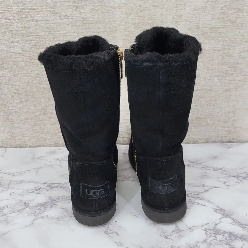 Ugg Black Suede Shearling Sherpa Lined Gold Zipper Women's Boots Size 6